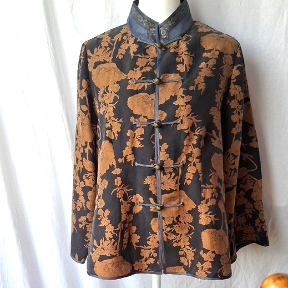Rising Phoenix Elegant Floral Women's Jacket Blouse Size L Floral Brown Silk - Picture 6 of 10